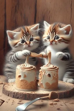 cute kittens eating cake with a wooden spoon