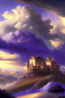 hills in the background, many mansions in the cloud and on the hills, majestic mansions, the sky is (((very cloudy))) and purple with the ((sun behind clouds)) bringing down (((golden sun rays from the clouds))) down, one big centered and derailed mansion, silver-gold-blue clouds, sharp, focused, enhanced, detailed, all houses and mansions are touched ((by golden sun ray)), digital painting, digital illustration, extreme detail, digital art, ultra hd, beautiful fantasy landscape, cosmic sky