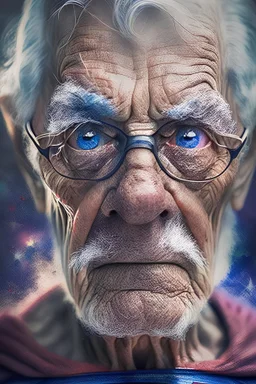 old man with big gray eyes waring superman custom with galaxy background