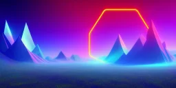 3d rendering. Abstract futuristic neon background. Fantastic landscape with glowing geometric triangular frame and mountains