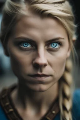 mujer vikinga de unos 30 años. ojos azules y cabello rubio. zona de nieve