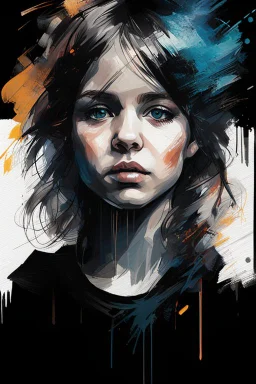 An ultra realistic poster for a young girl from Russian , word sign as “street art ”, by Daniel Castan Carne Griffiths Andreas Lie Russ Mills Leonid Afremov, black background