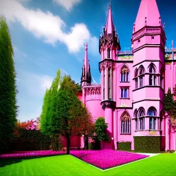 concept art, concept design, neogothic palace, neo gothic, aesteric, pink walls, pink exterior, glass exterior, english garden around, gardens, plants, trees, volumetric light, photorealistic, high quality, cinematic, sunny, natural blue sky, cozy clouds, green lawn grass