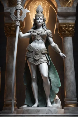 highly detailed marble and jade statue on a plint of the goddess of war. She is clad in plate mail, caries a spear in her left hand and a shield in her right hand. stunning body. full body shot, Hyperrealism, breathtaking, ultra realistic, unreal engine, ultra detailed, volumetric fog, cinematic lighting, , stunning temple environment