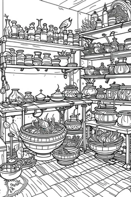 A witch's kitchen with shelves filled with potion ingredients and a bubbling cauldron. Outline, sketch style, only use outline, mandala style, clean line art, white background, no shadows, no clear wall, coloring page.