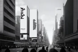 greyscale cityscape upshot: minimalism, many large white billboards populate the city with black block lettering with single word choose randomly between: "BIOMORPH" || "CB" || "SPATCHCOCK" || "TANGUY", || "SURREAL". || 'They Live' movie still, city panoramic, concept art, subliminal messaging