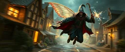 super duper mega rock star fairy thief priest dungeons magician throwing a wild magic spell that performs while flying at high speed through cyber punk village, background motion blur, painted by Rembrandt