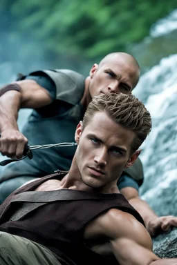 hot man fighting in the hunger games, saving the woman he loves, in his buzzcut era