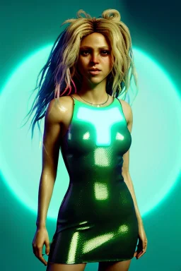 waist up portrait, Shakira, artist, Realistic image, latex style dress. loose long hair, eyes make up, perfect, glow, circle iris. Neon colors, leds, geometric shapes. Dark background, photo studio, neon lights. Cyberpunk, concept art, smooth, unreal engine 5, god lights, ray tracing, RTX, lumen lighting, ultra detail, volumetric lighting, 3d, finely drawn, high definition, 4k.