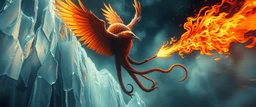 fire smoke and fog and light rays, phoenix jellyfish octopus bird witch in chrome reflective icy waterfall looks beyond really powerful slapping a bird in the face with fire, fantasy illustration, in the style of Rembrandt, planetary saturn motion blurred background