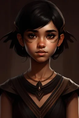 a 15 year old female, light brown skin, wawy short black hair, triangular face and brown eyes, dressed in a black gown, realistic epic fantasy style