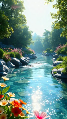 3D Animated Pixar Style: A serene and crystal-clear river with sparkling water, surrounded by lush green vegetation and colorful flowers. Sunlight filters through the trees, casting beautiful reflections on the water.