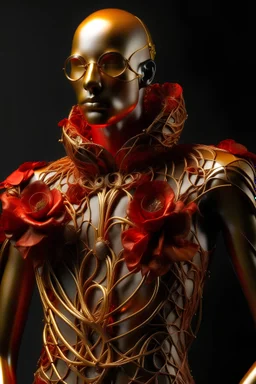 Fantasy Men's wear made of metal wire red and gold, complete figure, inspired by poisonous poppy.