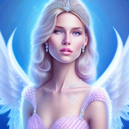 portrait of a beautiful woman with an angel face smiling, pink and blue dress, jewels, soft light aura