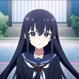 Clear focus, High resolution, long black fluffy hair, long locks, chopped bangs, purple eyes, wearing a sailor uniform, (solo), anime screencap