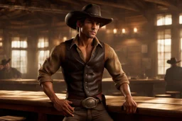 Young rough and rugged muscular cowboy photorealistic in a saloon