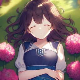 anime girl sleeping in a far away distance. field of flowers. trees are in the distance. girl is sleeping underneath a willow tree in the distance, picture is not upclose