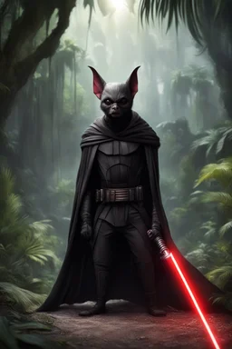 [photo realistic] a bat standing with a Sith cape and a Lightsaber, using the force, jungle in the background