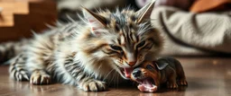crocodile cat with fluffy hair, doing dog things and eating small dog