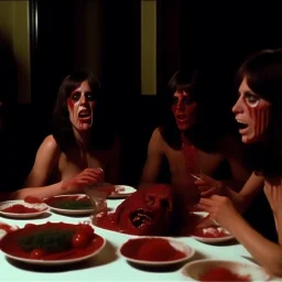 Movie shot horror, spooky, ultra realistic distress, dining, ultra realistic hot women, party, pieces of meat, creepy, organs, ail dynamic, anguish, excited people, hypermaximalist figures, creepy, 1970's Italian horror movie, sinister, John Carpenter, Dario Argento, Stanley Kubrik, ornate, 4k, photorealism