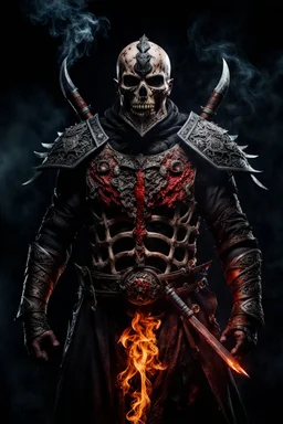 an insane warrior with his chest made of bones and eyes made of smoke. dark horror setting. terrifying horror backgrund. blood, guts, gore. visceral. fighting a fiend.