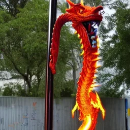 Fire dragon tied on a chain to a pole