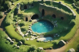 [Shattered Image of the Shire by multiple bands of collage, distorted colours, double exposed by JRR Tolkien (1970)] Miniature roundish cozy hobbit house hole of the Shire tilt-shift