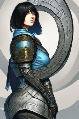 Motoko Kusanagi from "Ghost In The Shell (1995)", clad in medieval stell plate armour, alone, blue eyes, perfect, beautiful, black hair, realistic proportions, androgynous