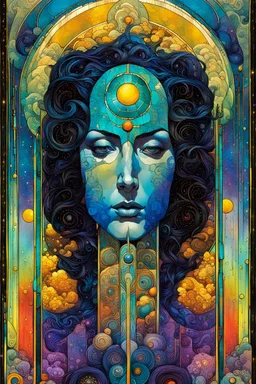 Create a chaotic abstract cubist Tarot Card depicting an ornate, The Page of Swords , with highly detailed facial features, in the style of Bill Sienkiewicz, Philippe Druillet, Gustav Klimt, and Jean Giraud Moebius, precisely drawn, colored and inked, with ornate bordered edges