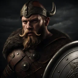 Viking biting on a shield, highly detailed, realistic, photorealism, symmetrical, soft lighting, detailed face, intricate details, HDR, beautifully shot, hyperrealistic, sharp focus, 64 megapixels, perfect composition, high contrast, cinematic, atmospheric, moody