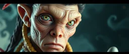 close up portrait with fine pores and real skin texture, clear transparent skin, wise eyes, hairy macho disco alien indian Homunculus – living in a hi tech marvellous hot dog art graphics and rune stone on rocket with a mounted sling shot mega harpoon, heading for venus , background motion blur and smoke swirls