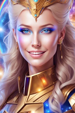 cosmic woman smile,galactic fédération, admiral from the future, one fine whole face, crystalline skin, expressive blue eyes,rainbow, smiling lips, very nice smile, costume pleiadian, Beautiful tall woman pleiadian Galactic commander, ship, perfect datailed golden galactic suit, high rank, long blond hair, hand whit five perfect detailed finger, amazing big blue eyes, smilling mouth, high drfinition lips, cosmic happiness, bright colors, blue, pink, gold, jewels, realist, high,rainbow commander,