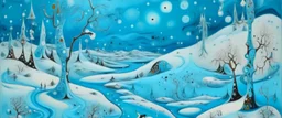 A cyan winter tundra with falling snowflakes designed in German folk art painted by Salvador Dali