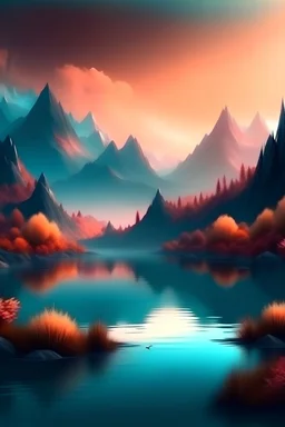 A landscape of a lake surrounded by fantasy mountains, with a mystical atmosphere. Use cold colors. in autumn, at dusk.