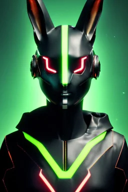 Medium Close Up Portrait, Front image. cyberpunk, rabbit mask, teenager, asian woman, cyber helmet head. Latex dress. Yellow, black, color. Thor style. Neon ornaments, Color background, photo studio. Front image, highly detailed, concept art, smooth, unreal engine 5, ray tracing, RTX, lumen lighting, ultra detail, volumetric lighting, 3d, finely drawn, high definition, high resolution.