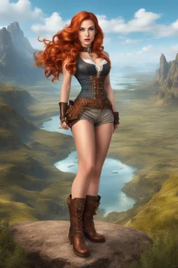 Photorealistic full-height photo of a fantasy skinny pin-up girl in steampunk shorts and boots with long, ginger hair in a fantasy landscape