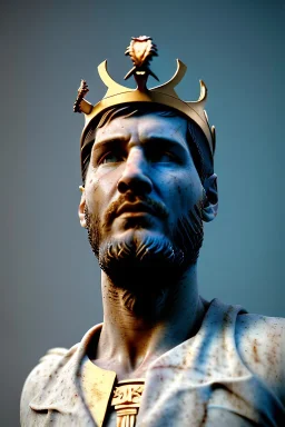 Ultra Realistic image, Roman sculpture, white marble material, Lionel Messi, gold crown of natural thorns, god crown, Miguel Angel style, sun rays background, waist up portrait, epic, celestial, cinematic lighting, God lights, 4k resolution, smooth details, soft lighting, unreal engine 5, art station, substance 3d.