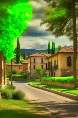 A realistic photo of a small Toscany town in late spring with trees and a surprising station in Henri Cartier-Bresson style