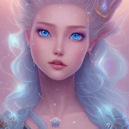 cosmic petit prince belle fine, profil de trois quart, grand front cosmique, peau bleu cristalline, yeux bleu, perle sur le front long cheveux blond et rose etoilé, cristaux sur le corps, collier de grande princesse, levres souriante, très jolie sourire