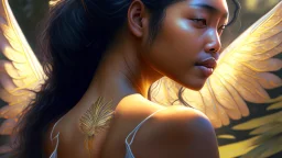 beautyfull asiatic woman, art by kiera malone , concept art modern photorealistic, in the style of , Artstation, sunlight, Unreal Engine sharp fine details trending on artstation reflections 4k ultra realistic post-processing A detailed illustration of a beautiful young female human with growing out of her back. Her skin, hair and face are all made of paint. Her wings are spread. Front view. Highly detailed flawless facial features and eyes. Abstract Oil painting splash art. White ba