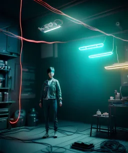 Ultra realistic photographic night portrait, cinematic, <Asian woman> <hanging wires> many wires coming out of the head <perfect pupil> <cyborg arm> <garage> <wide angle Shot> <sci-fi futuristic> <thriller>, neon lights, color fog, soft color, highly detailed, unreal engine 5, ray tracing, RTX, lumen lighting, ultra detail, volumetric lighting, high definition.