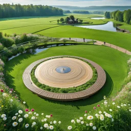 a round dance platform with decor mane in country side in center of picture ,green field ,flowers , small river,camera looking at horison