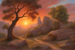 Amazing beautiful sunset, trees, rocks, mountains, epic, sci-fi, fantasy, friedrich eckenfelder, and hans am ende impressionism paintings