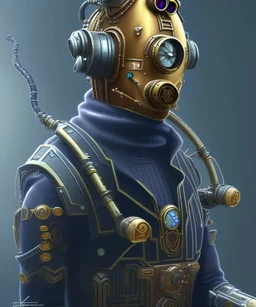 evil mechanoid person with a steampunk theme, realistic