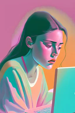 Woman with a content and curious facial expression, using a laptop, looking down at laptop screen, pastel colors, detailed, lost edges. bright.