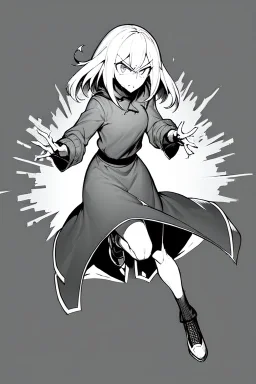 angry blonde girl, angry pose, full body, greyscale