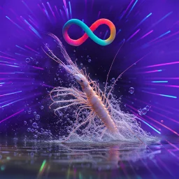 infinity symbol ∞ with vibrant powerful single prawn coming out of the water, striking, neon, chiaroscuro, dramatic, captivating, powerful, fantasy, beautiful, octane render, 16k post-production, artstation: award-winning: atmospheric: commanding: fantastical: clarity: ultra quality: striking: brilliance: stunning colors: amazing depth; lens: f/11, 35mm