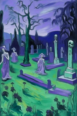 A purple graveyard with dancing ghosts painted by Paul Cezanne