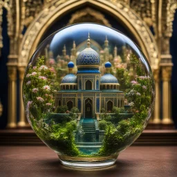 The miniatur islamic mosque in ball glass is an abstract concept that refers to a world made entirely of flowers or plants, often in a fantasy or mythical setting. The flower planet in this image appears to be a baroque world, with ornate spiral patterns and intricate designs.