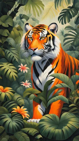 The painting portrays a stunning tropical jungle filled with lush greenery and vibrant flowers. Amid the dense foliage, a powerful tiger lurks, its orange fur with black stripes blending seamlessly with the surroundings. The tiger's yellow eyes gleam through the shadows, while sunbeams filter through the treetops, creating dappled patches of light on the rich vegetation. The scene combines the beauty of nature with the majestic and elusive presence of the tiger.